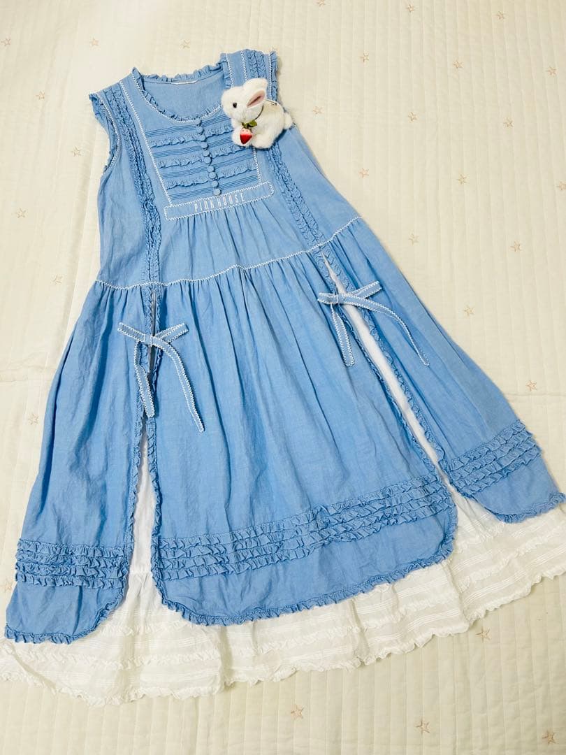 ピンクハウス　ダンガリー　ダブリエ　ワンピース　ロゴ刺繍　ピコフリル　二枚仕立て