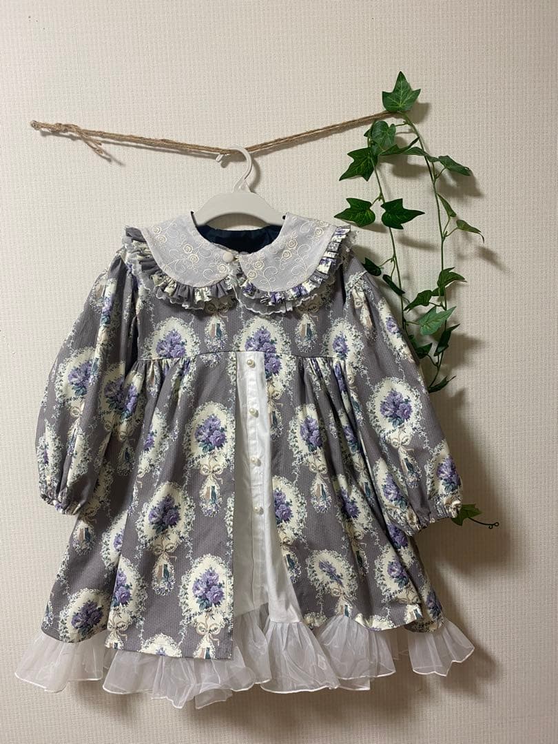 ハンドメイド　ウエストギャザーワンピース120、90cm つけ襟セット