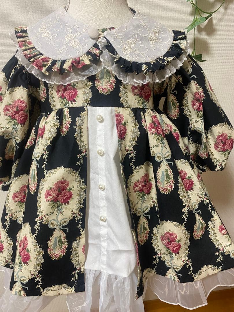 ハンドメイド　ウエストギャザーワンピース120、90cm つけ襟セット