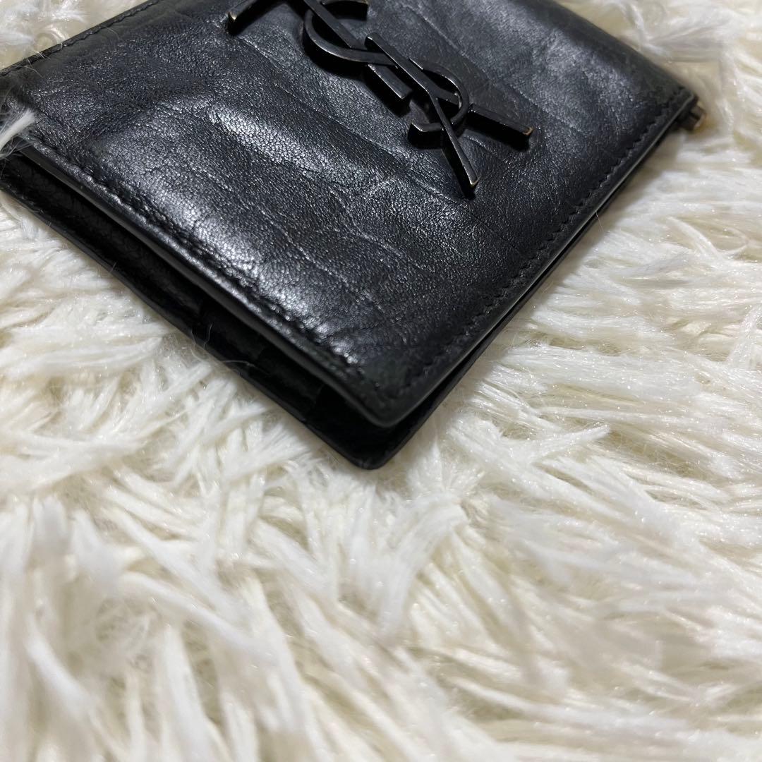 箱付サンローラン マネークリップ カードケース クロコ型押カサンドラ YSL 黒