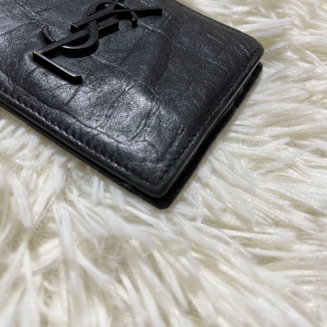 箱付サンローラン マネークリップ カードケース クロコ型押カサンドラ YSL 黒