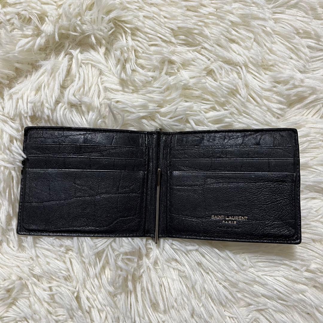 箱付サンローラン マネークリップ カードケース クロコ型押カサンドラ YSL 黒