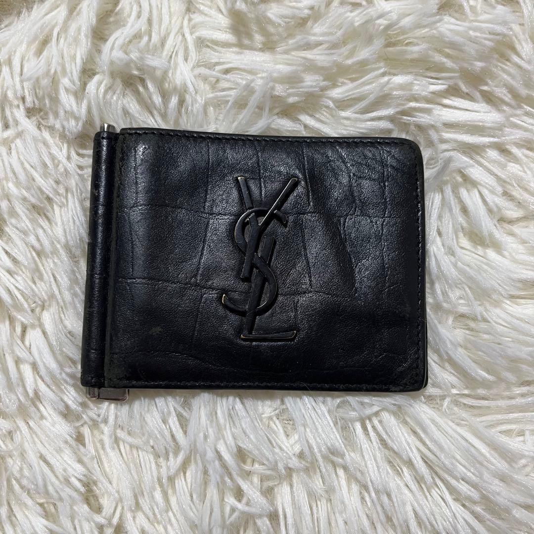 箱付サンローラン マネークリップ カードケース クロコ型押カサンドラ YSL 黒