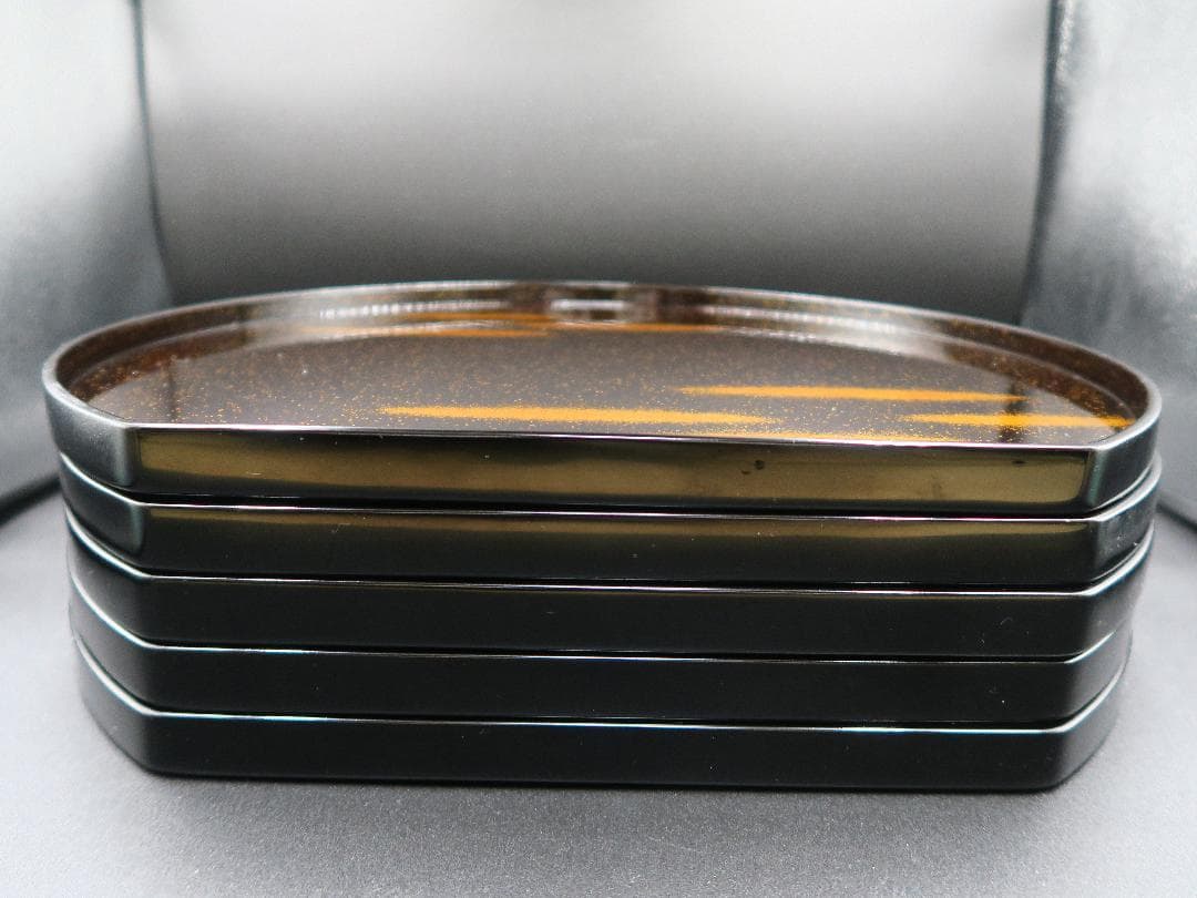 【輪島塗】半月膳 金彩霞文様 十三寸 天然木 五客 共箱 卓上膳 半月盆 会席膳