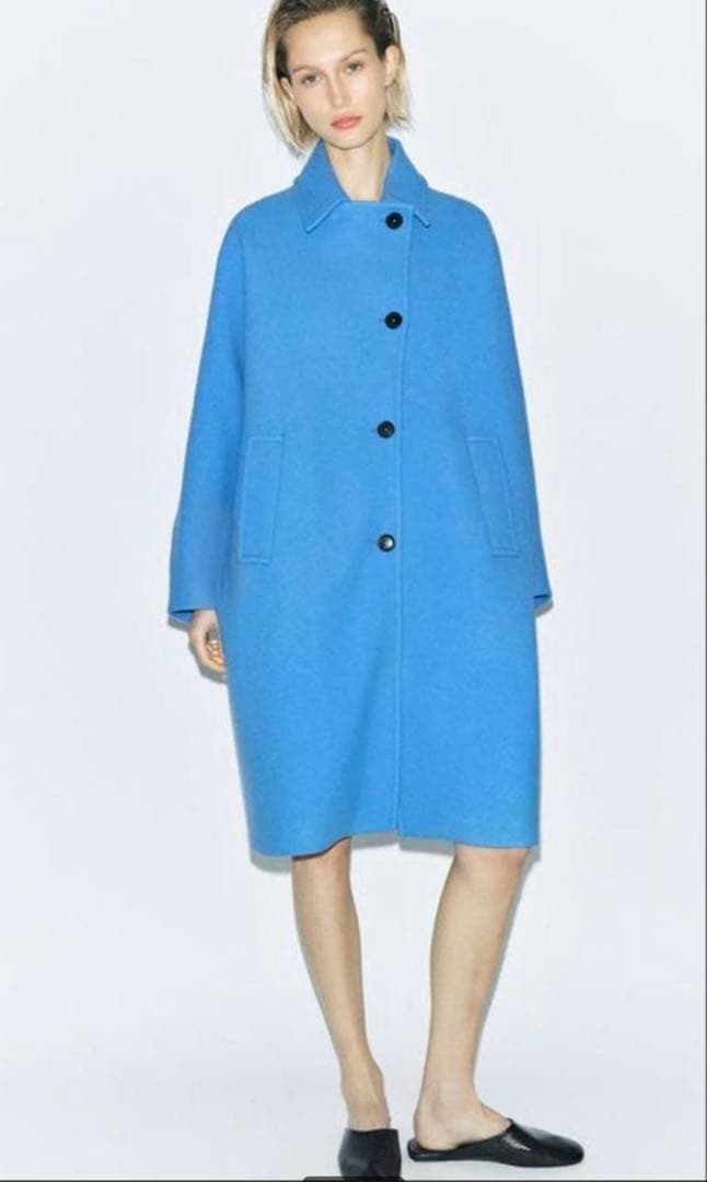 ZARAオーバーサイズウール混紡マンテコブルー水色チェスターステンカラーコート