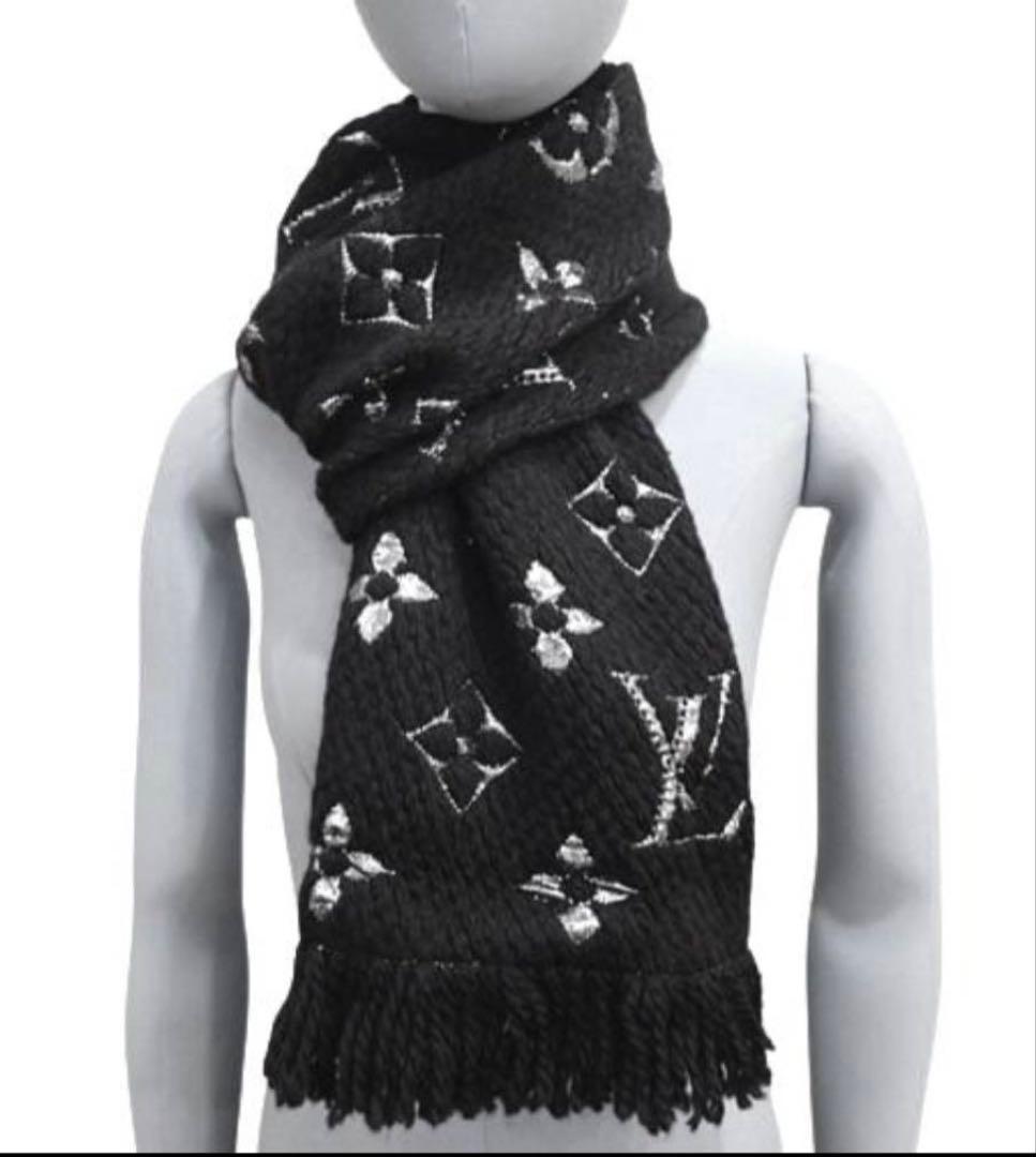 ルイヴィトン エシャルプ・ロゴマニア シャイン ブラック×シルバー マフラー