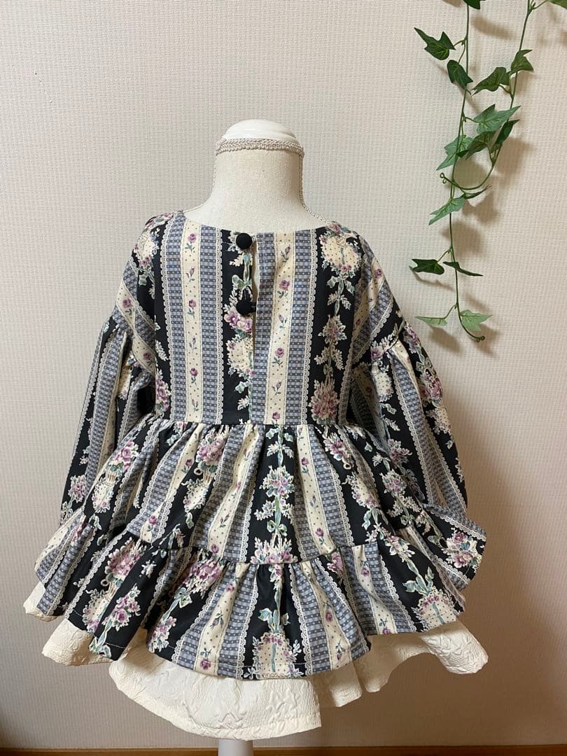 ハンドメイドウエストギャザーワンピースふっくら袖ワンピースチュニック丈130cm