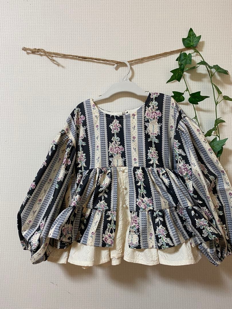 ハンドメイドウエストギャザーワンピースふっくら袖ワンピースチュニック丈130cm