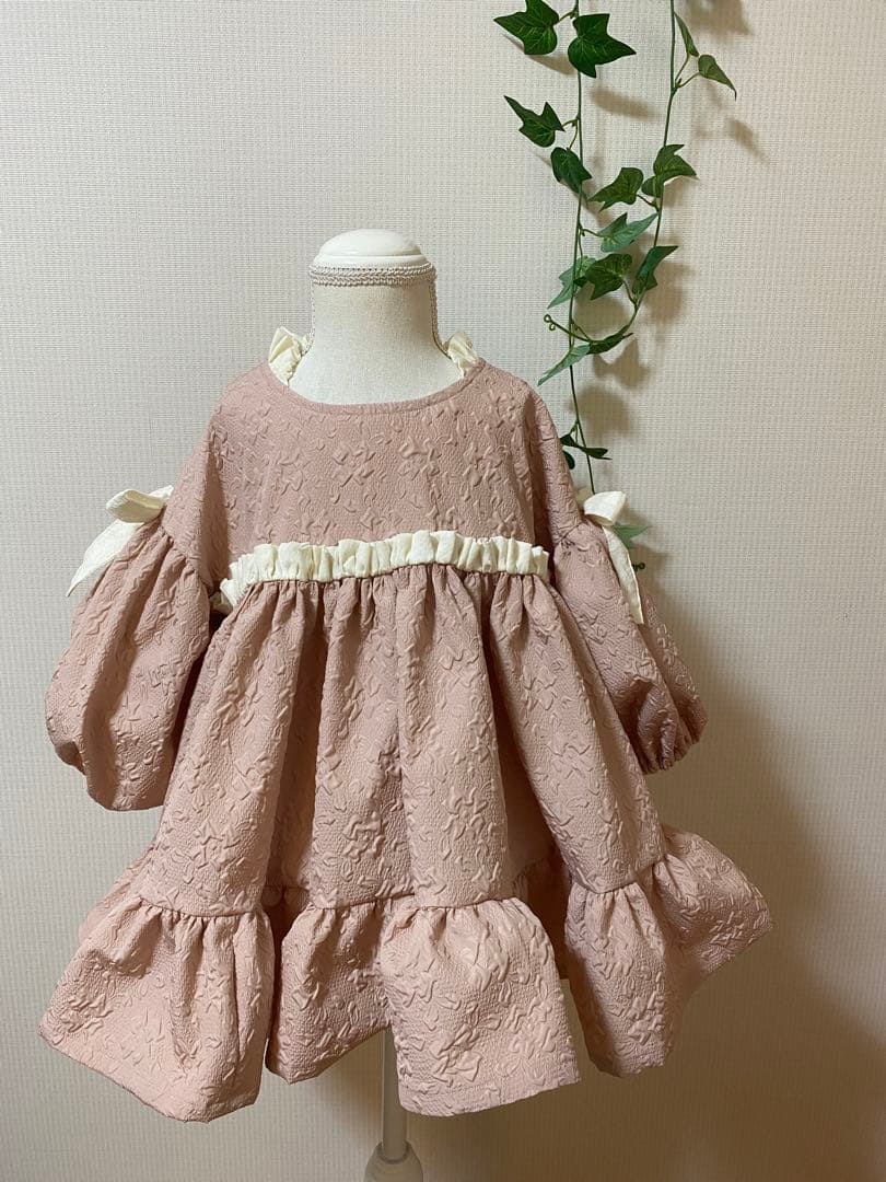 ハンドメイドウエストギャザーワンピースふっくら袖ワンピースチュニック丈130cm