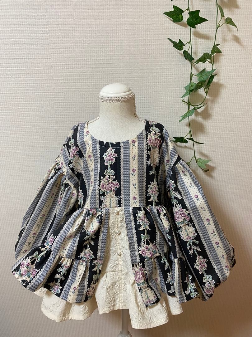 ハンドメイドウエストギャザーワンピースふっくら袖ワンピースチュニック丈130cm