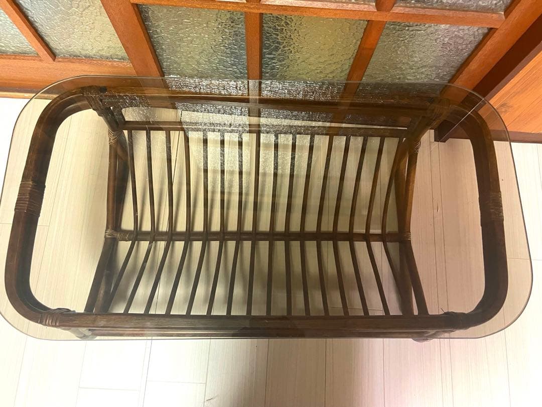 アンティーク ラタン ローテーブル ガラステーブル