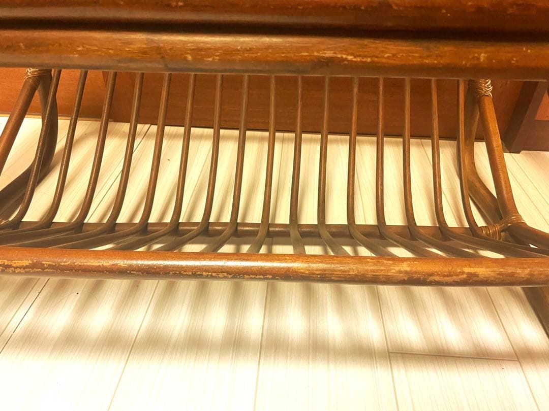 アンティーク ラタン ローテーブル ガラステーブル