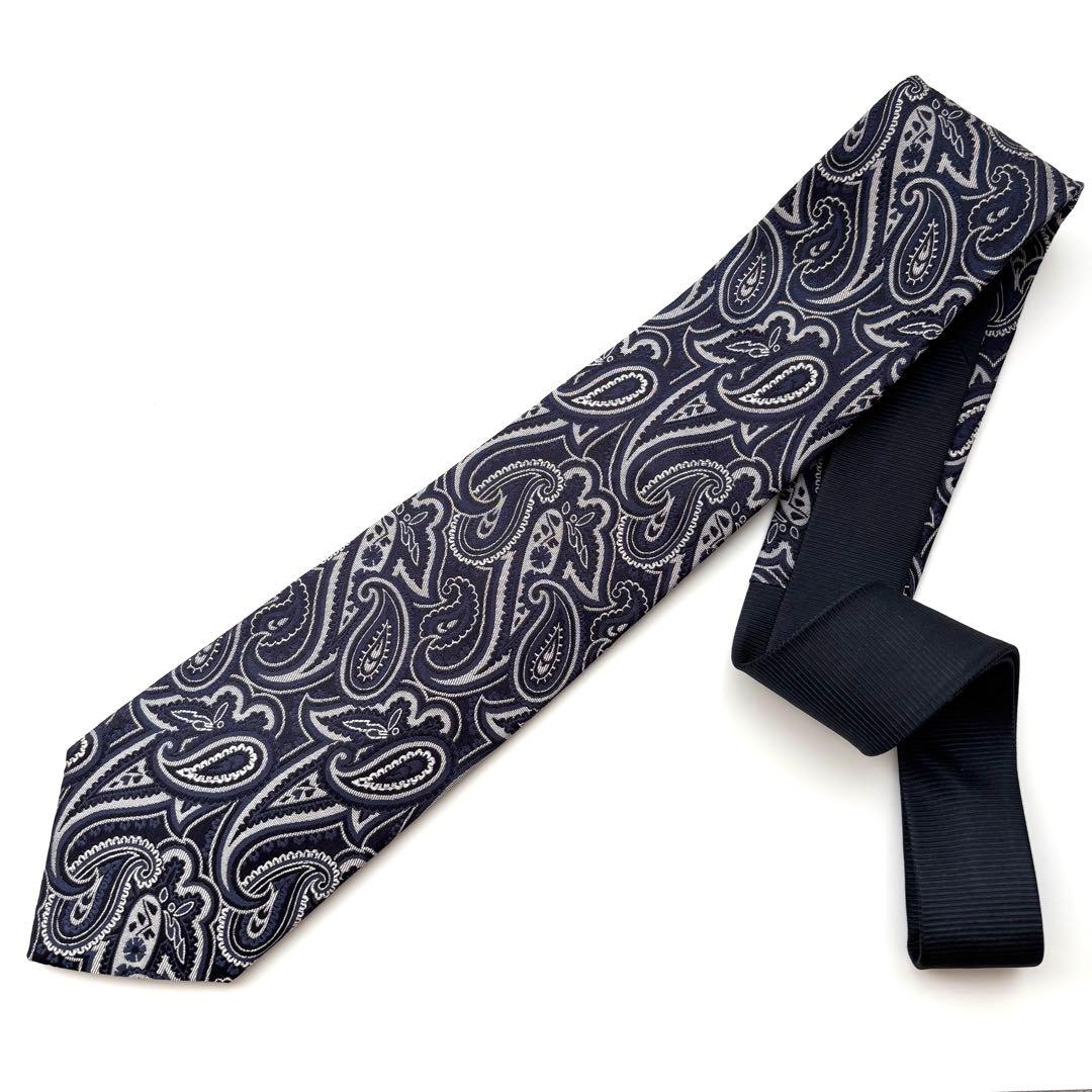 ꧁極美品꧂ エトロ ネクタイ ジャガード織 ペイズリー 無地 ネイビー ブルー