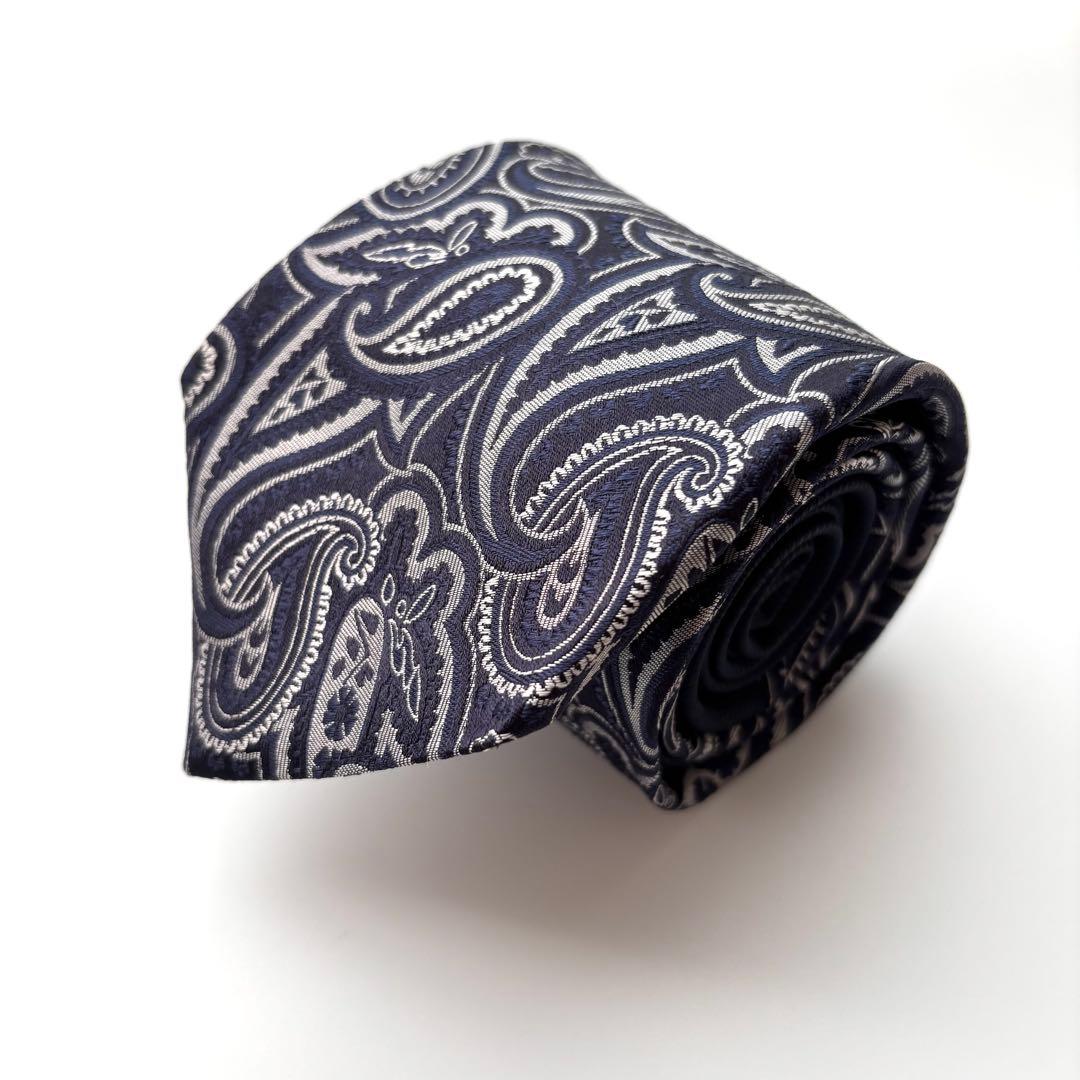 ꧁極美品꧂ エトロ ネクタイ ジャガード織 ペイズリー 無地 ネイビー ブルー