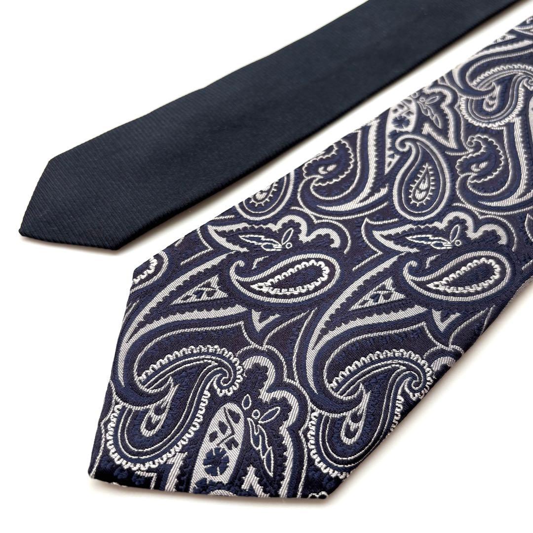 ꧁極美品꧂ エトロ ネクタイ ジャガード織 ペイズリー 無地 ネイビー ブルー
