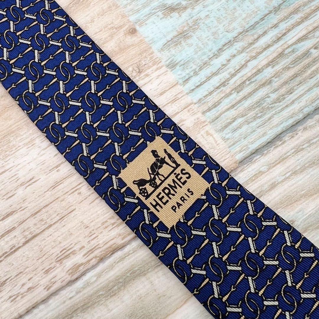 【美品】エルメス　ネクタイ　ブルー　パターン柄　ハイブランド　高級シルク