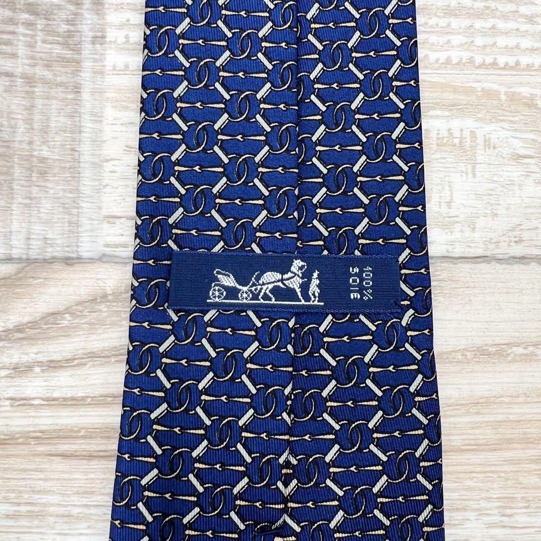 【美品】エルメス　ネクタイ　ブルー　パターン柄　ハイブランド　高級シルク