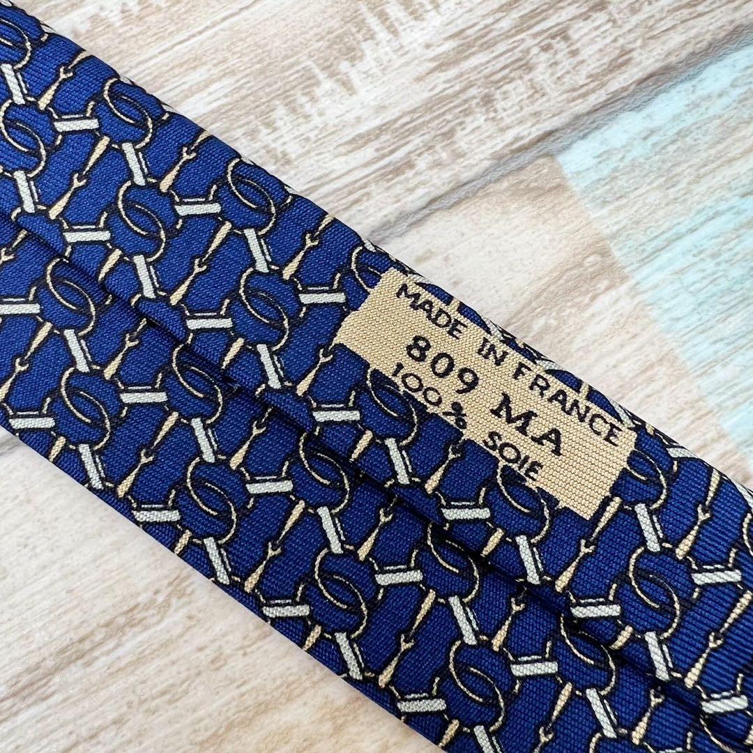 【美品】エルメス　ネクタイ　ブルー　パターン柄　ハイブランド　高級シルク