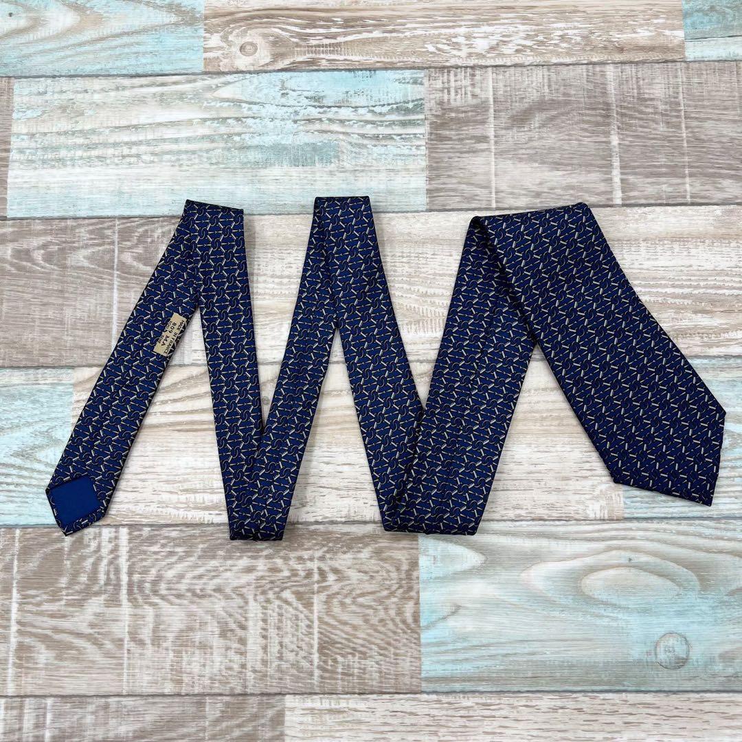 【美品】エルメス　ネクタイ　ブルー　パターン柄　ハイブランド　高級シルク