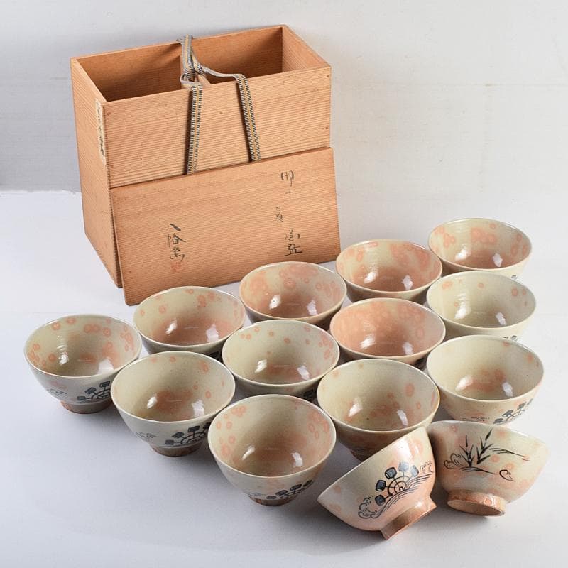 まーぶー　和食器萬古焼八幡窯　水車文数茶碗　十四客　共箱　M　R9415B