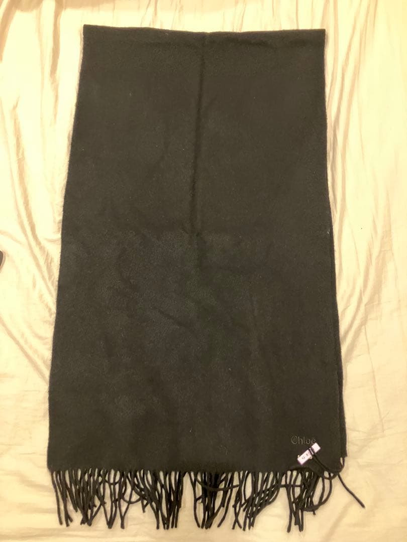 【美品】Chloé 黒 カシミヤ100%フリンジ付き　マフラー