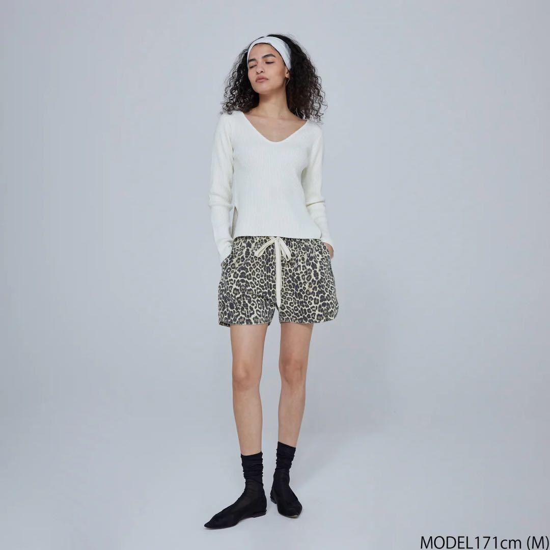 シールームリン　ライトCanvasギャザーショートパンツ　キナリ/レオパード　M