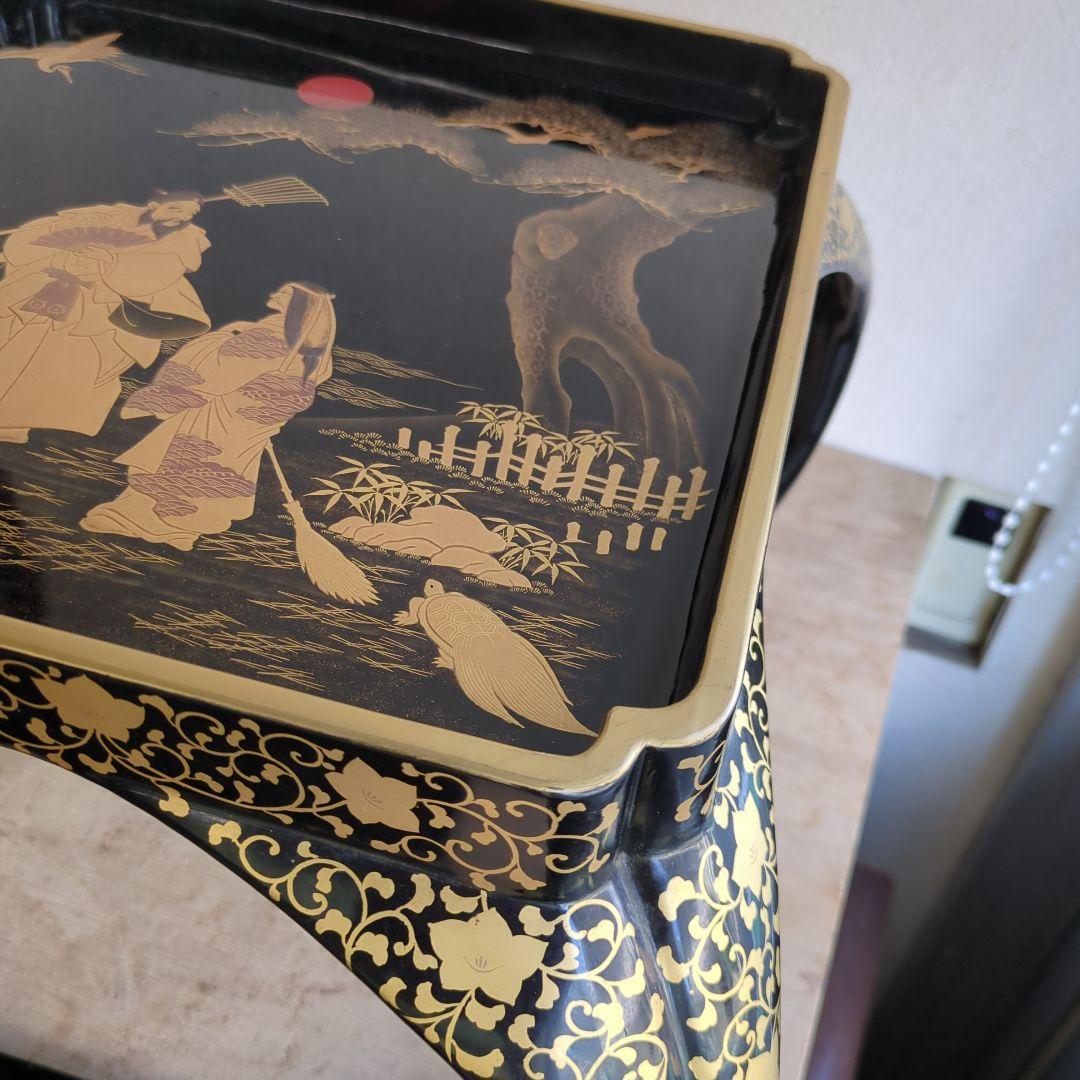 骨董 お膳 蒔絵 猫脚 高脚 木製 漆器 縁起柄 鶴亀 膳 台 飾り台 豪華