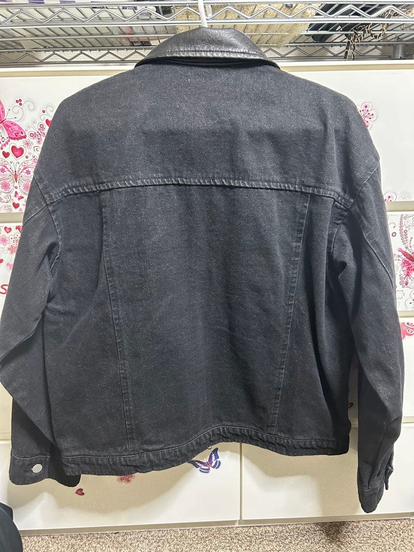 【LURAKU】襟レザージップアップデニムジャケット　ブラック　Mサイズ