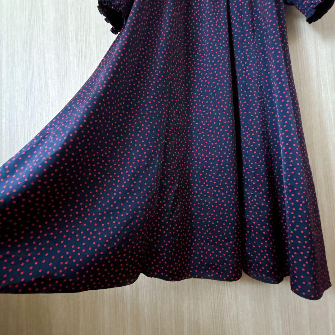 【747】美品　アナイ　サテンドットプリントタイ　ワンピース　濃紺　赤　36