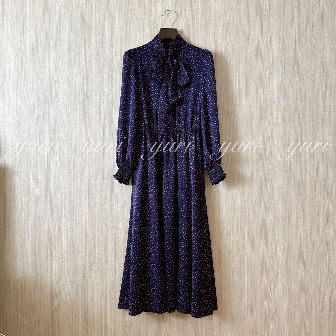 【747】美品　アナイ　サテンドットプリントタイ　ワンピース　濃紺　赤　36