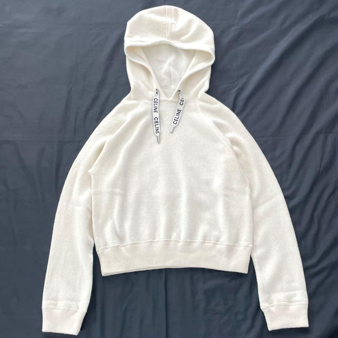 【美品】CELINE ロゴ ニット パーカー カシミヤ混 S ホワイト系