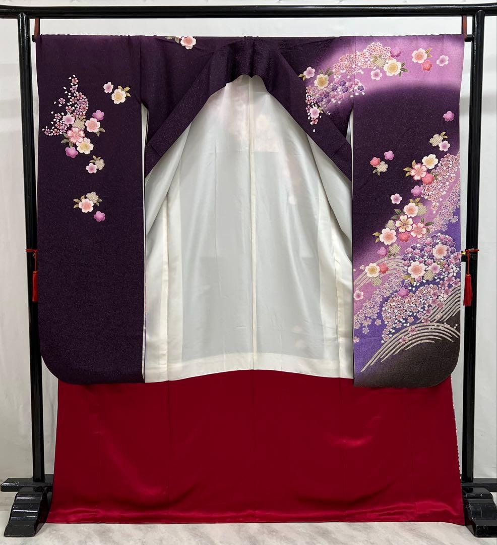 振り袖　フルセット　別誂長襦袢付　金彩加工　刺繍　銀通し　全通袋帯　紫　732