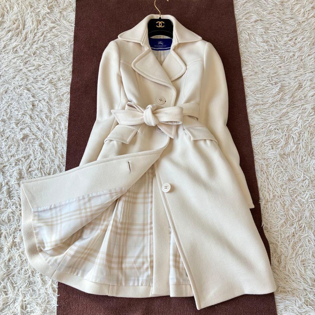 バーバリーブルーレーベル アンゴラ混 チェスターコート 裏地チェック ホワイト