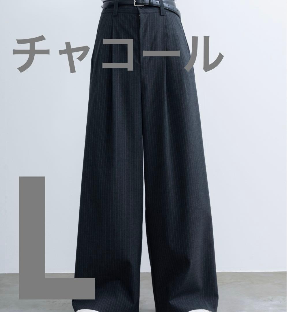 sinss ２タック ワイド ストレート ストライプ スラックス チャコール L