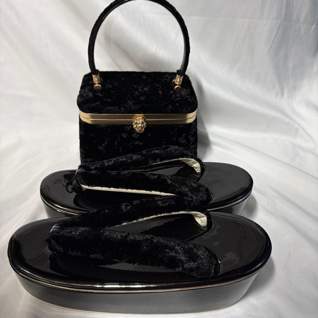 新品　振袖用　ベルベット　2026年新作　草履　バッグ　セット　黒　フリーサイズ