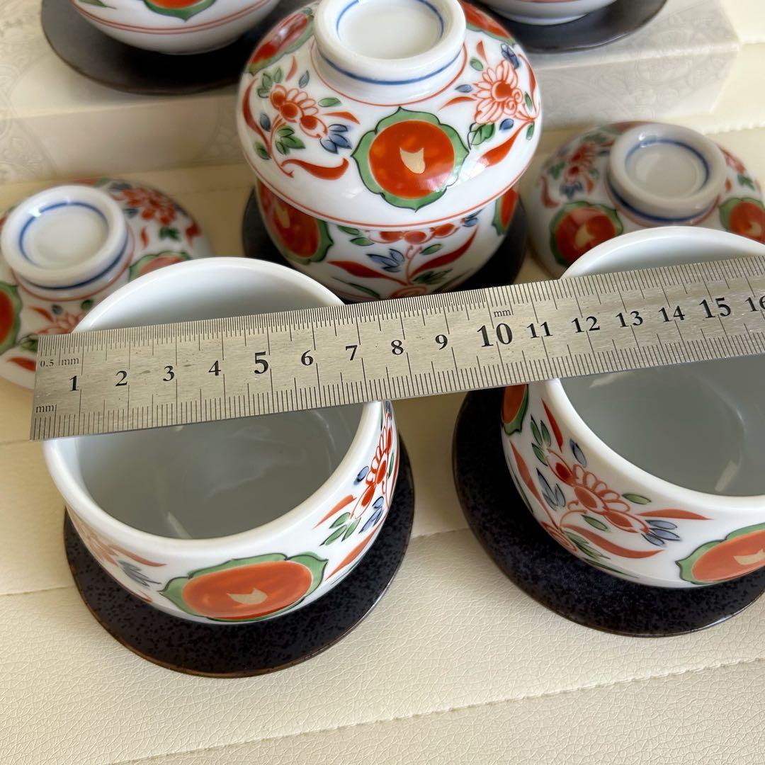 第一陶器　翔山窯　蓋付き碗揃　5客セット　茶碗蒸し碗　赤玉　赤絵　古伊万里　台皿