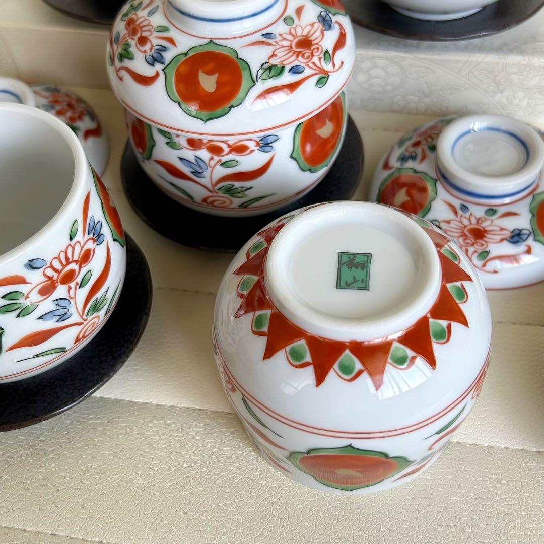 第一陶器　翔山窯　蓋付き碗揃　5客セット　茶碗蒸し碗　赤玉　赤絵　古伊万里　台皿