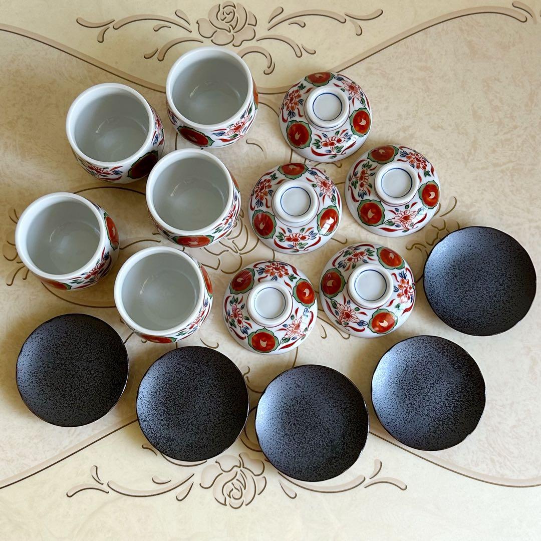第一陶器　翔山窯　蓋付き碗揃　5客セット　茶碗蒸し碗　赤玉　赤絵　古伊万里　台皿