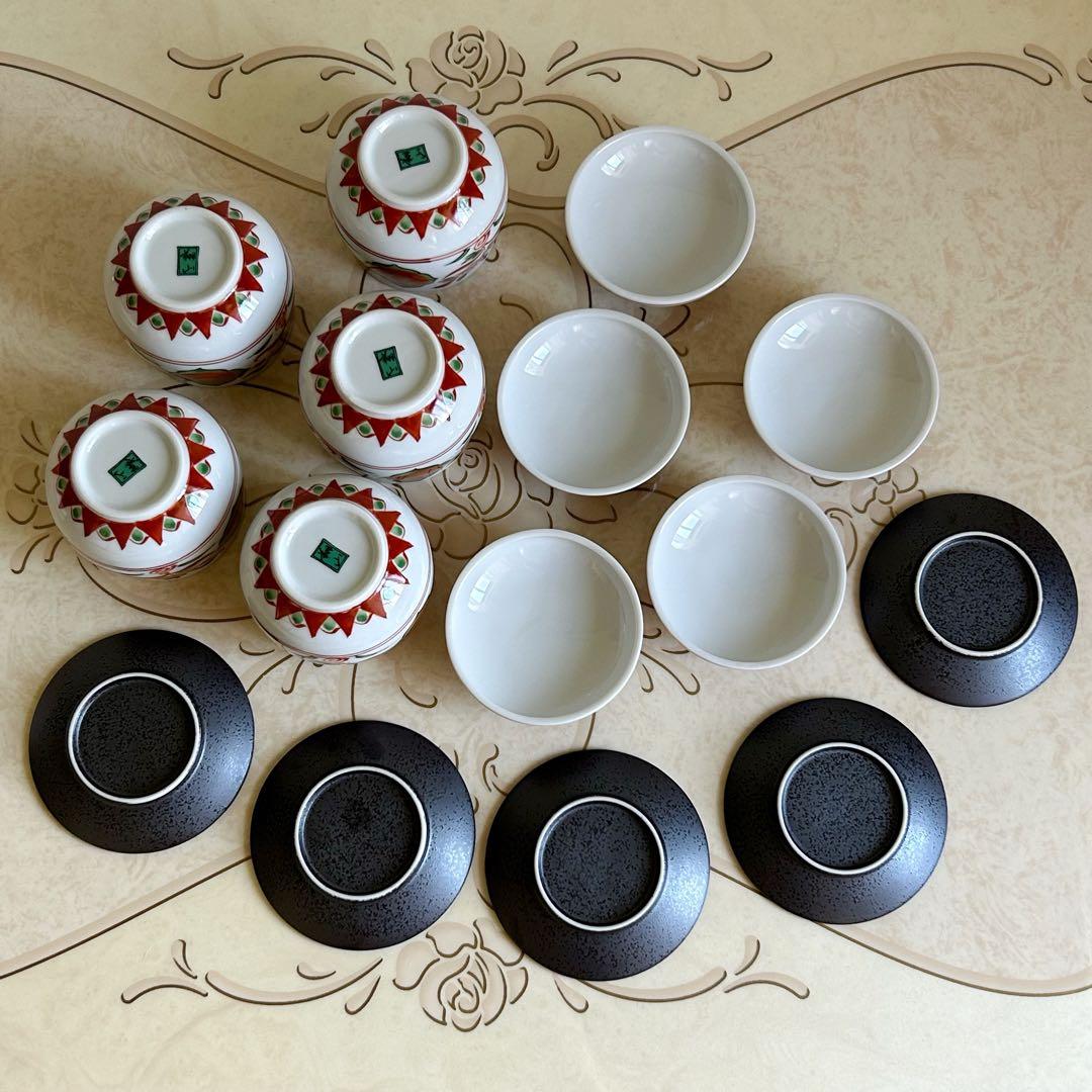 第一陶器　翔山窯　蓋付き碗揃　5客セット　茶碗蒸し碗　赤玉　赤絵　古伊万里　台皿