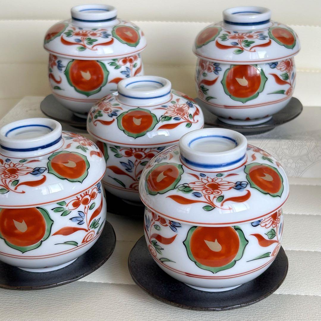 第一陶器　翔山窯　蓋付き碗揃　5客セット　茶碗蒸し碗　赤玉　赤絵　古伊万里　台皿