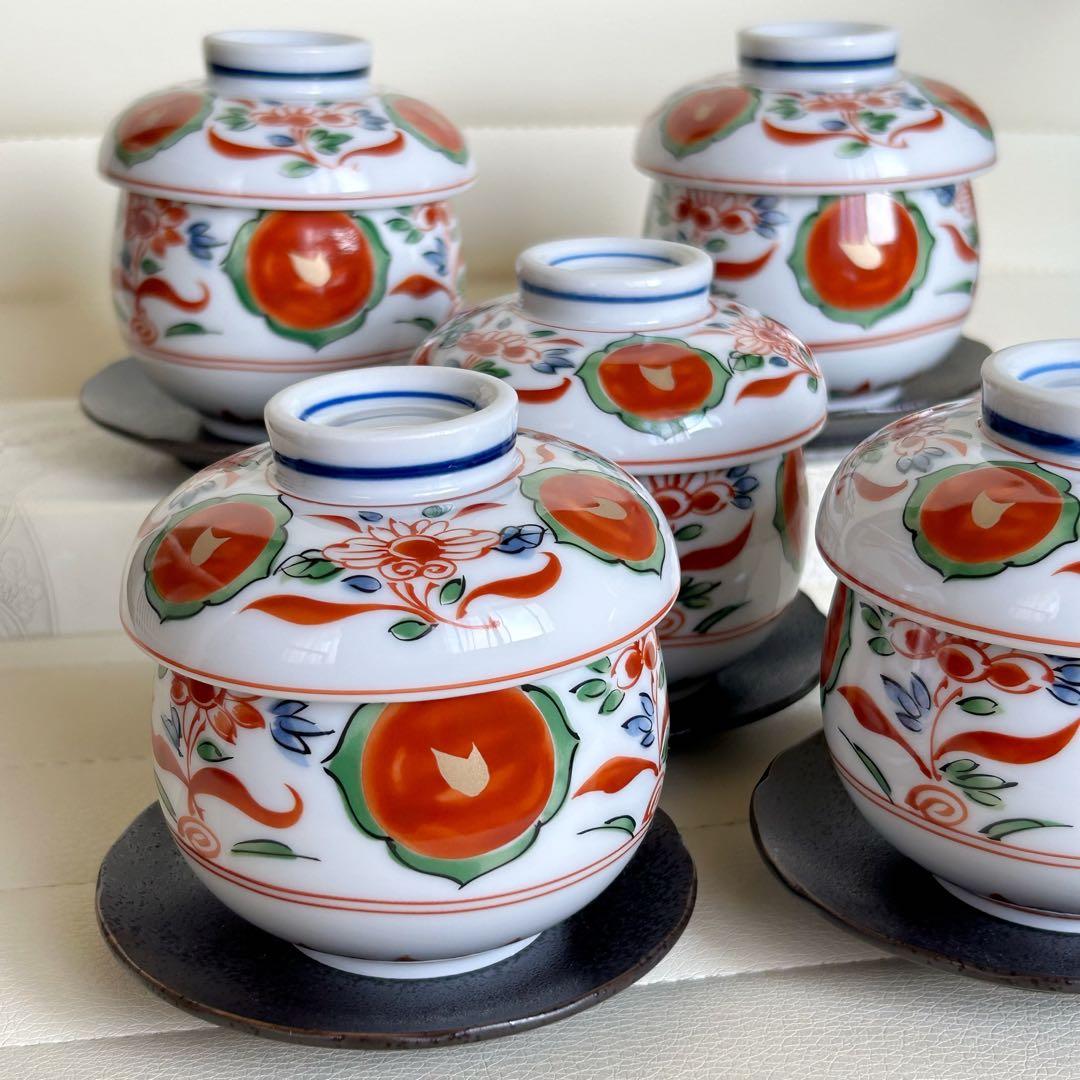 第一陶器　翔山窯　蓋付き碗揃　5客セット　茶碗蒸し碗　赤玉　赤絵　古伊万里　台皿