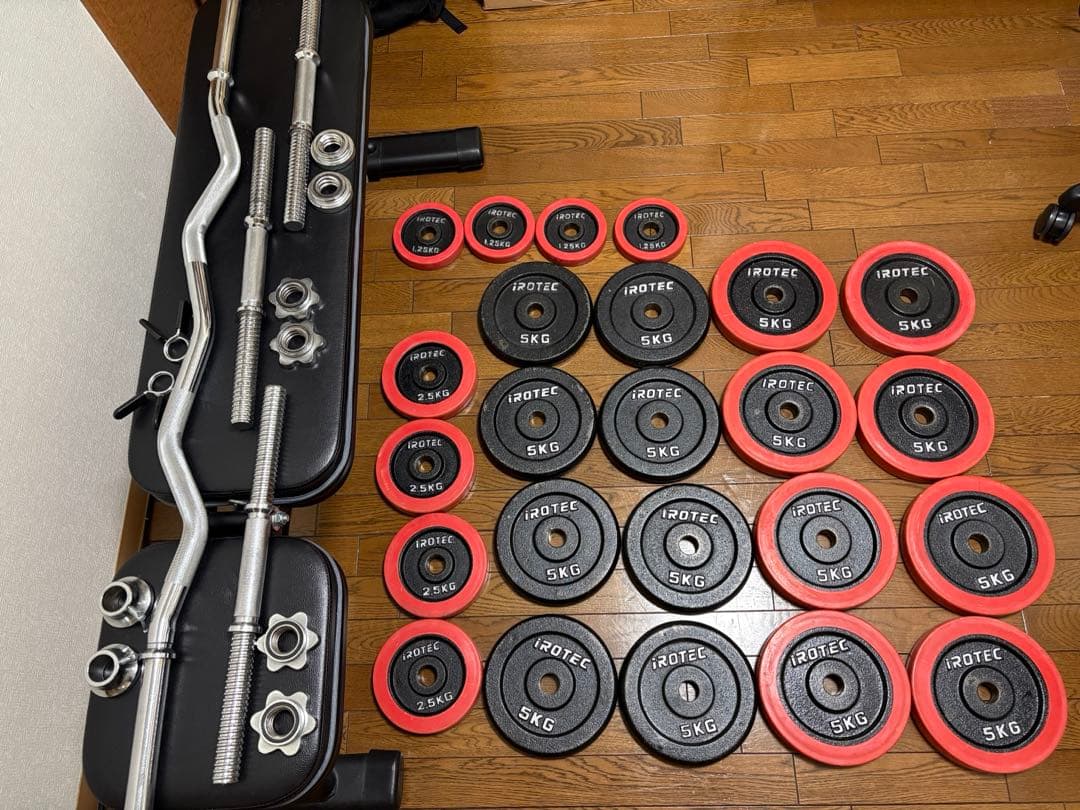 iROTEC ダンベルプレートセット90kg ベンチ台、Wバー　※都内手渡しのみ