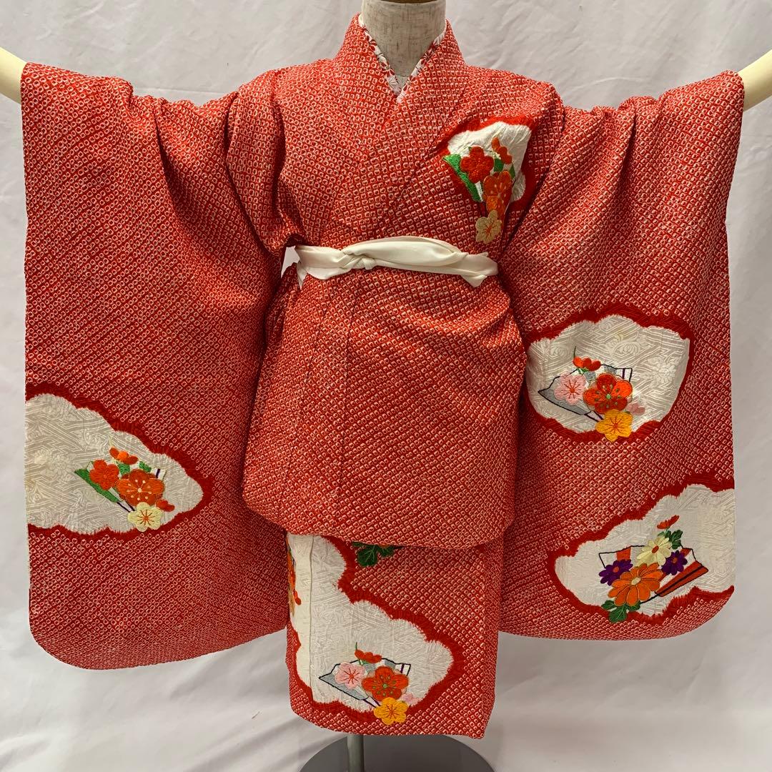 504agu2□七五三 三歳 女の子 着物&長襦袢 総絞り 刺繍□状態良好