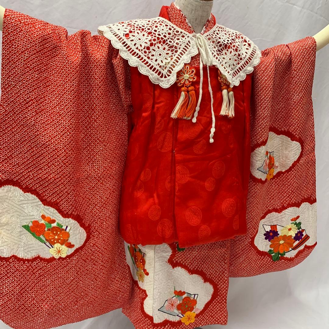 504agu2□七五三 三歳 女の子 着物&長襦袢 総絞り 刺繍□状態良好