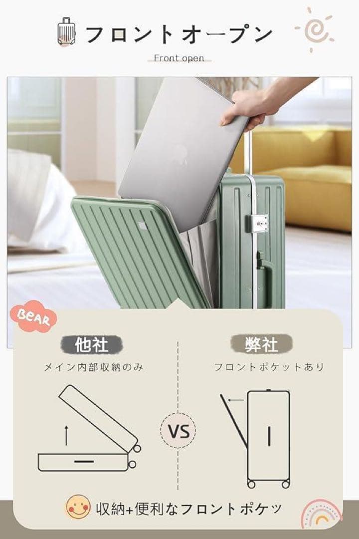 スーツケース M 65L フロントオープン キャリーケース USBポート 軽量