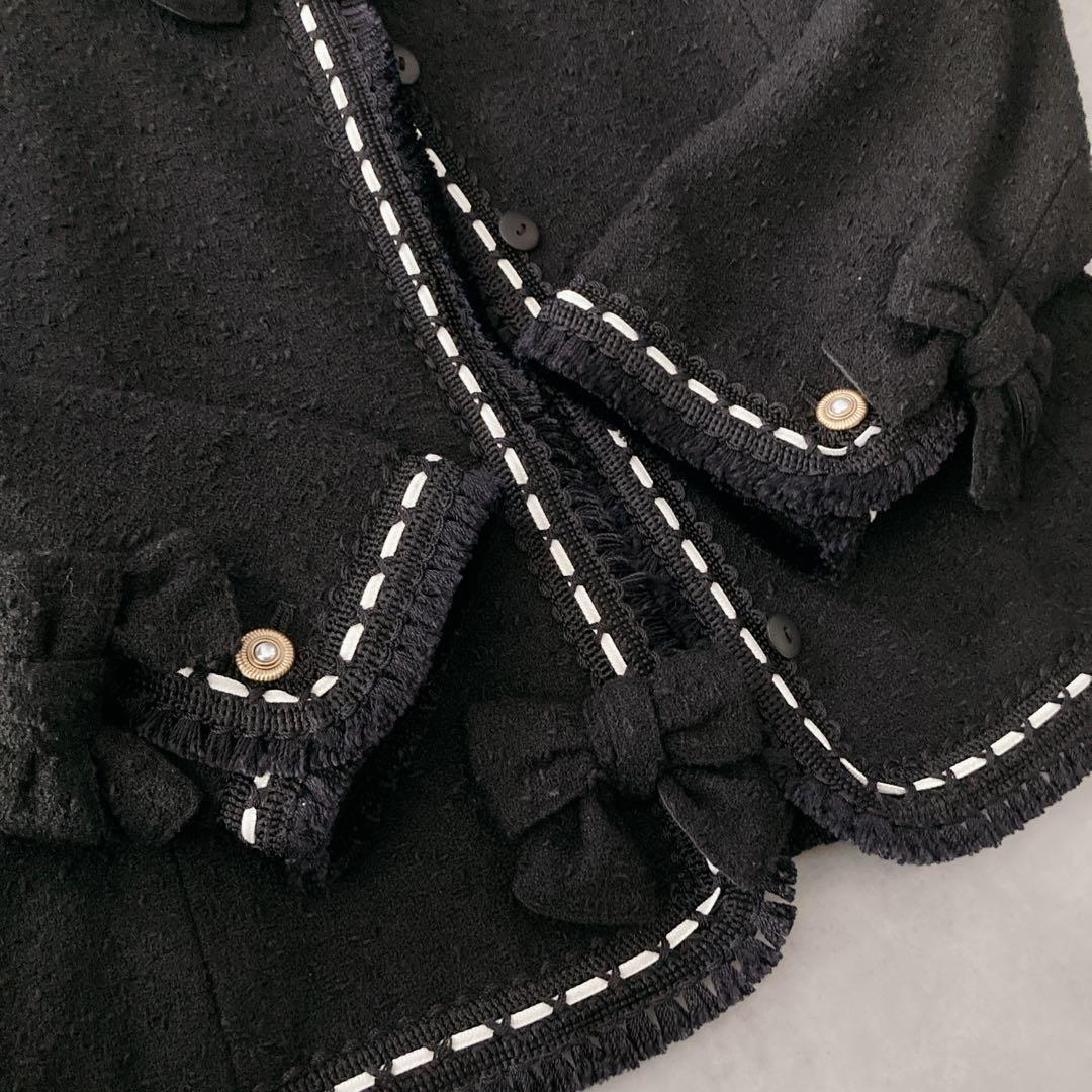 【希少】カネコイサオ　ツイードジャケット　黒　リボン　ノーカラージャケット