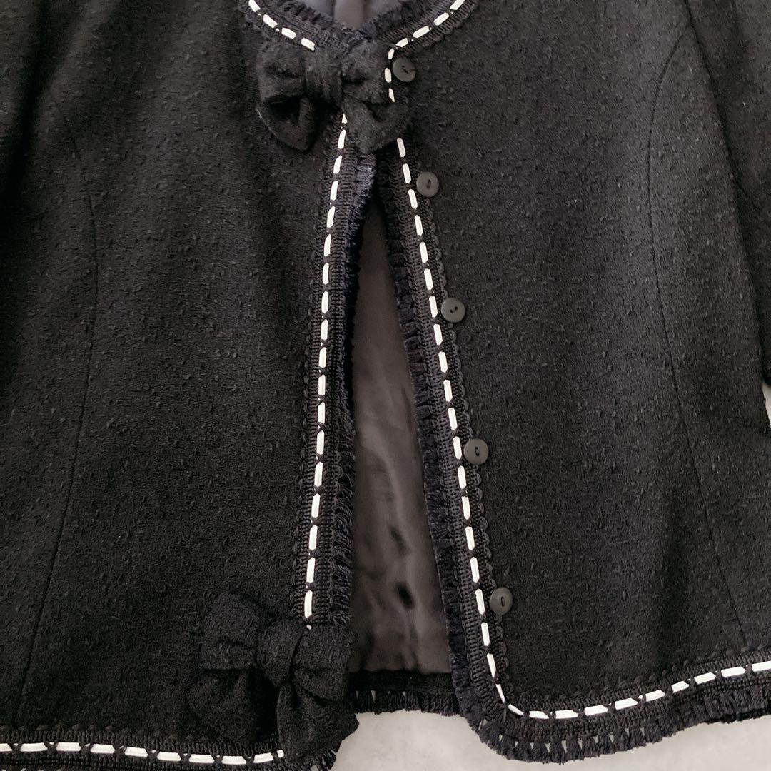 【希少】カネコイサオ　ツイードジャケット　黒　リボン　ノーカラージャケット