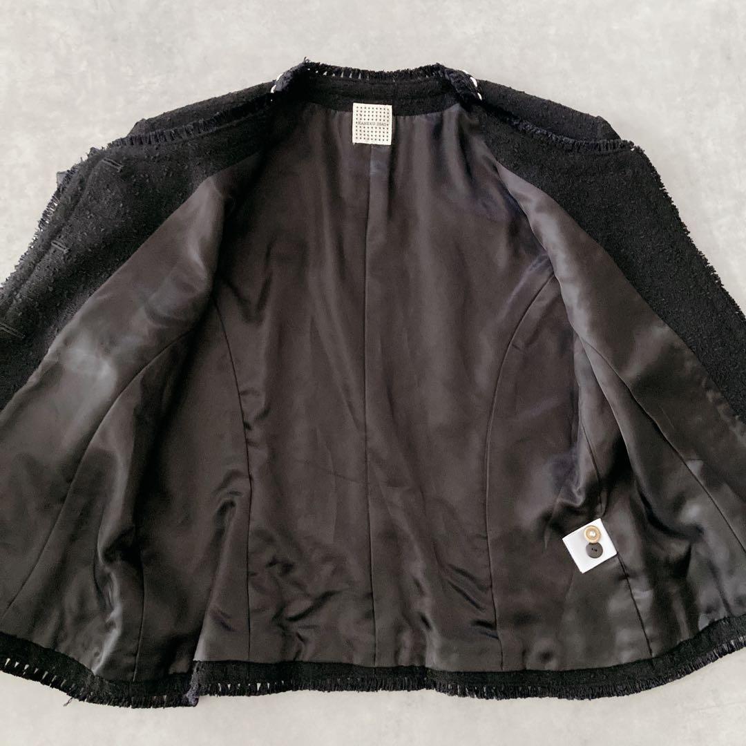 【希少】カネコイサオ　ツイードジャケット　黒　リボン　ノーカラージャケット