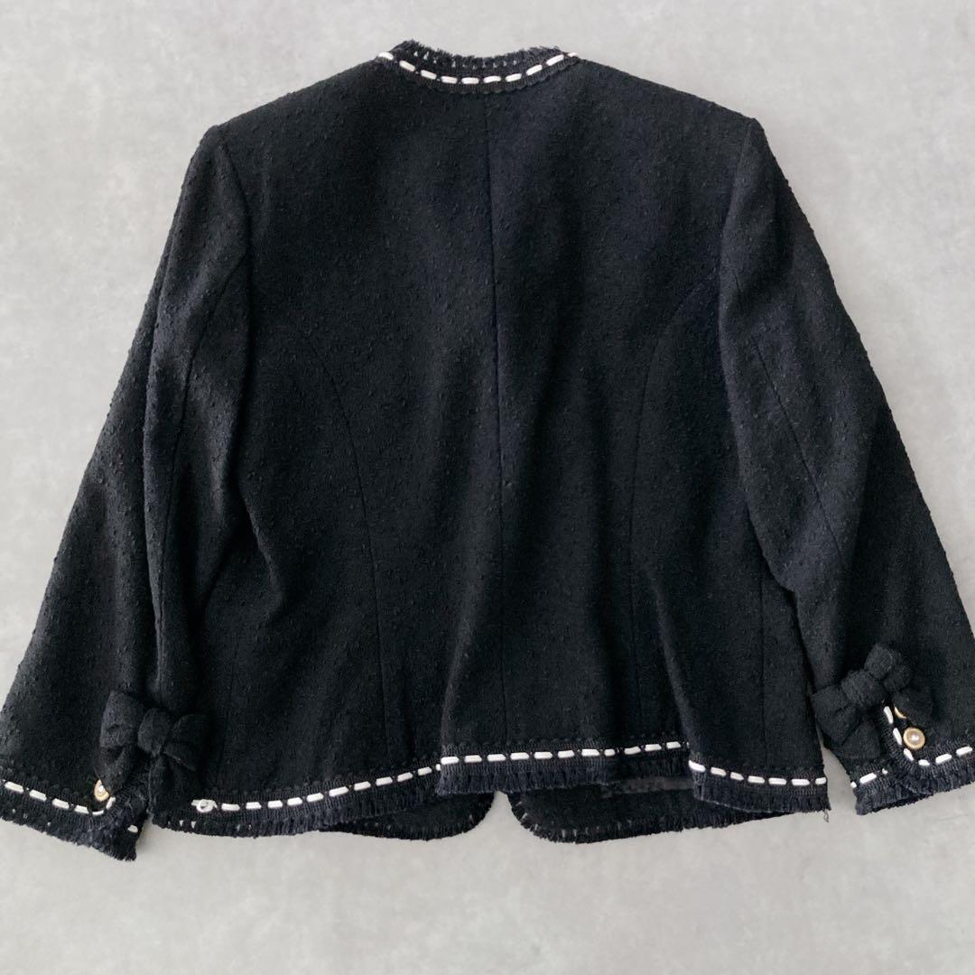 【希少】カネコイサオ　ツイードジャケット　黒　リボン　ノーカラージャケット