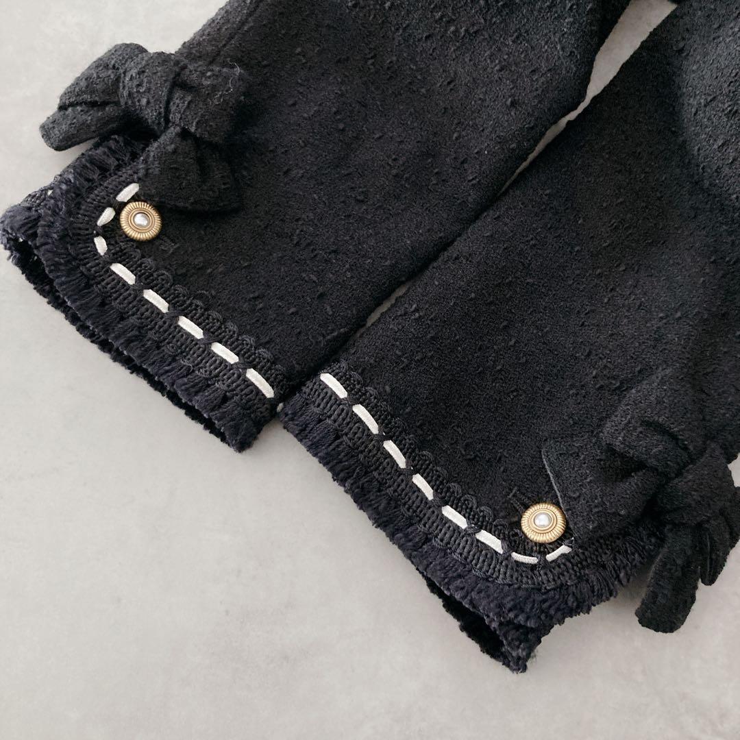 【希少】カネコイサオ　ツイードジャケット　黒　リボン　ノーカラージャケット